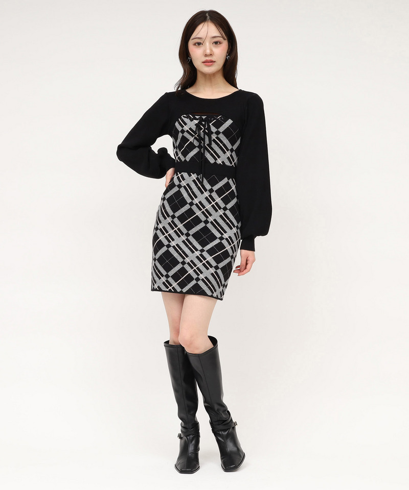 デコルテオープンチェックタイトニットミニワンピース 詳細画像 ブラック 1