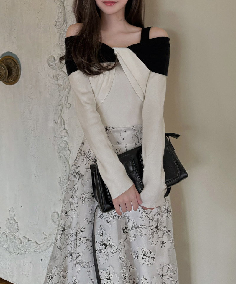 花柄オーガンジークロスニットドッキングワンピース 詳細画像 オフホワイト 3