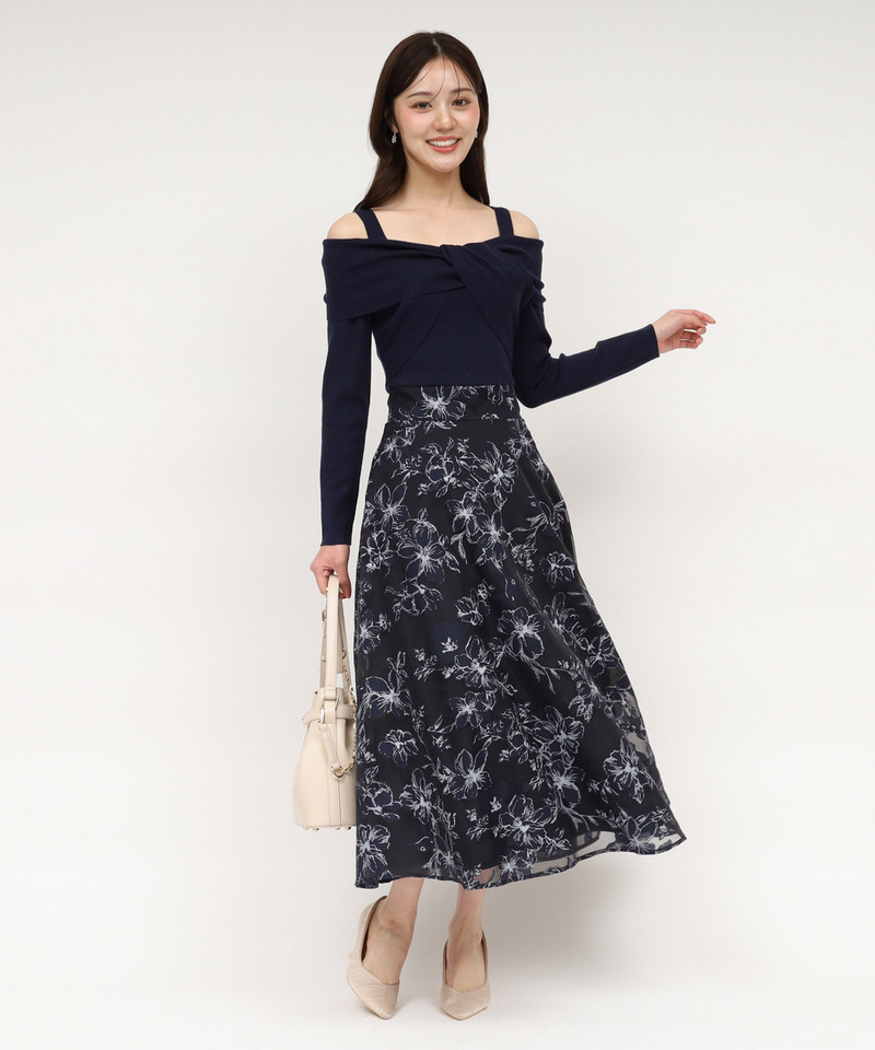 花柄オーガンジークロスニットドッキングワンピース 詳細画像 ネイビー 1