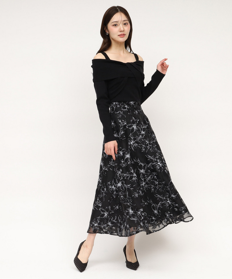 花柄オーガンジークロスニットドッキングワンピース 詳細画像 ブラック 1