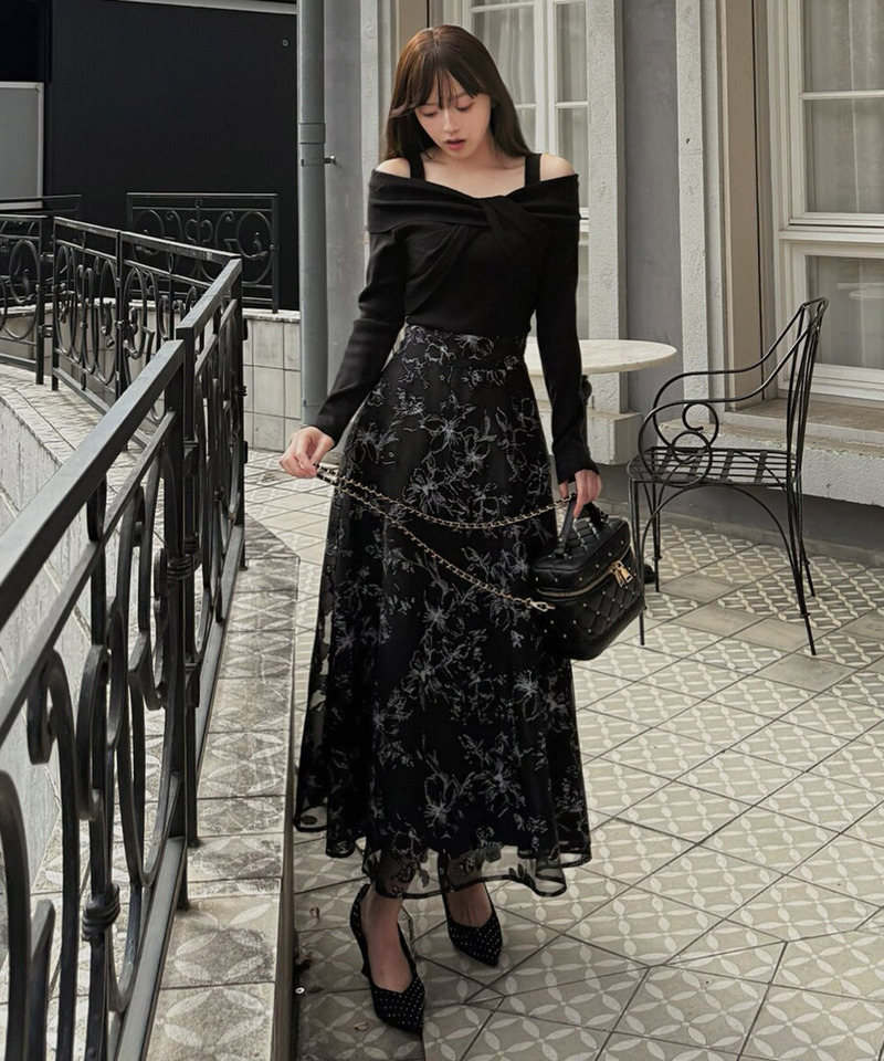 花柄オーガンジークロスニットドッキングワンピース 詳細画像 ブラック 2