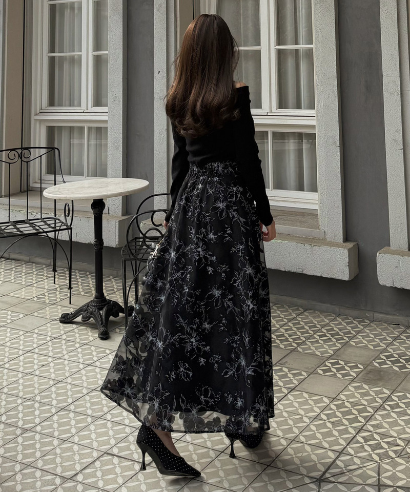 花柄オーガンジークロスニットドッキングワンピース 詳細画像 ブラック 3