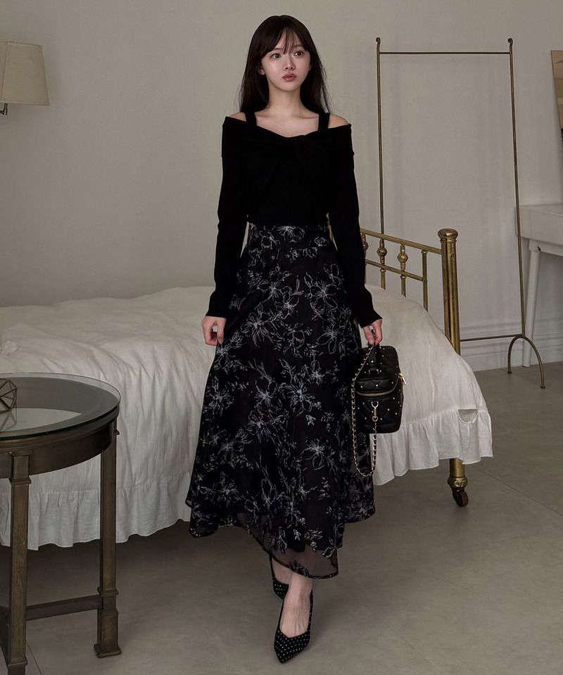 花柄オーガンジークロスニットドッキングワンピース 詳細画像 ブラック 4