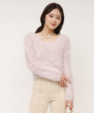 ラメフィルムVネックシャギーニットトップス