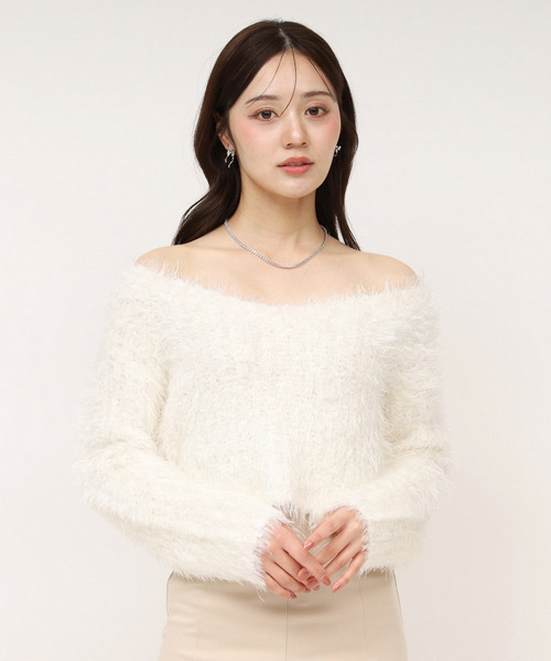 ラメフィルムVネックシャギーニットトップス 詳細画像