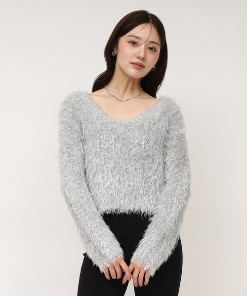 ラメフィルムVネックシャギーニットトップス 詳細画像