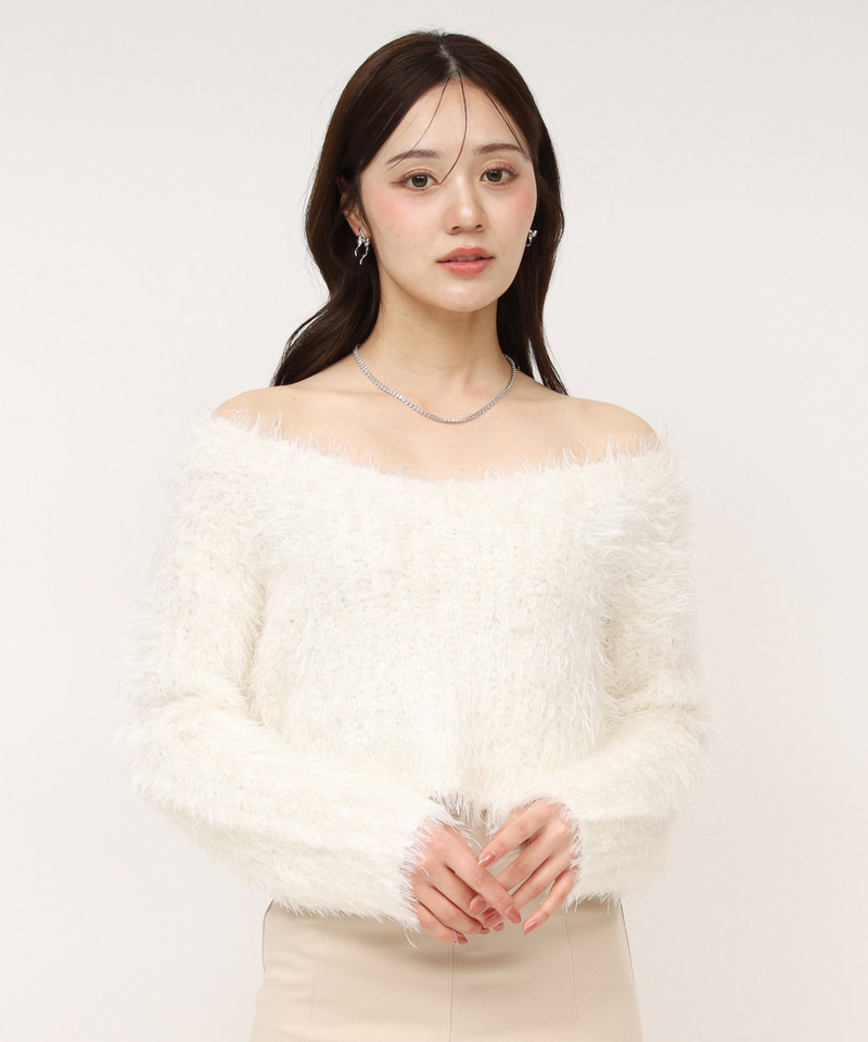 ラメフィルムVネックシャギーニットトップス 詳細画像 オフホワイト 1
