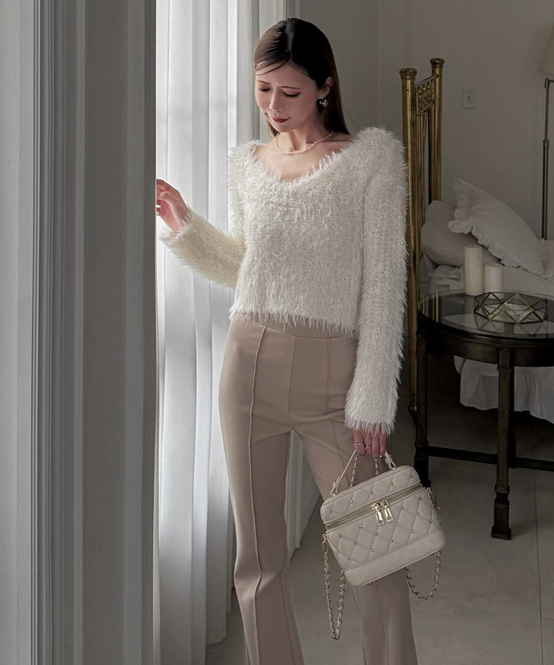 ラメフィルムVネックシャギーニットトップス 詳細画像 オフホワイト 2