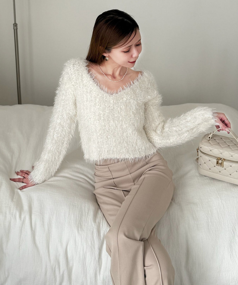 ラメフィルムVネックシャギーニットトップス 詳細画像 オフホワイト 3