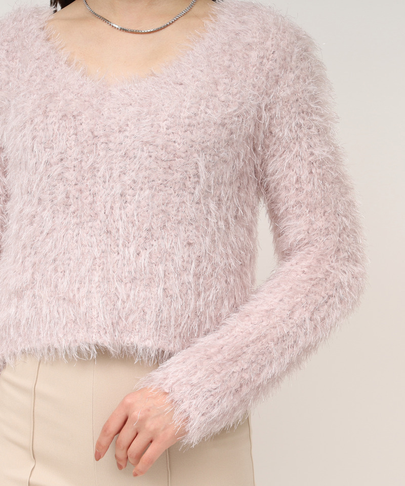 ラメフィルムVネックシャギーニットトップス 詳細画像 ピンク 5