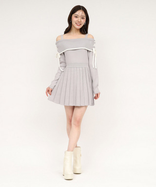 オフショル配色プリーツニットミニワンピース