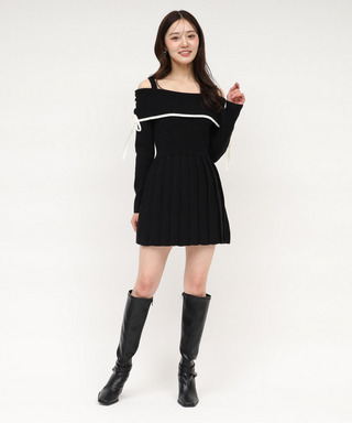 オフショル配色プリーツニットミニワンピース