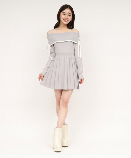 オフショル配色プリーツニットミニワンピース 詳細画像