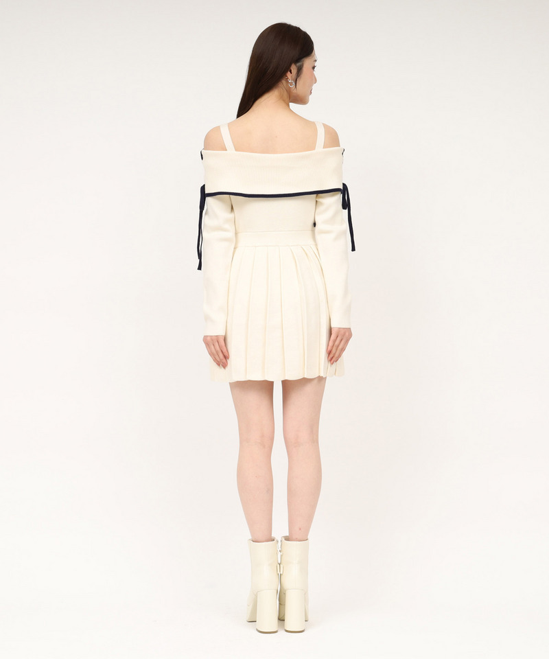 オフショル配色プリーツニットミニワンピース 詳細画像 オフホワイト 3