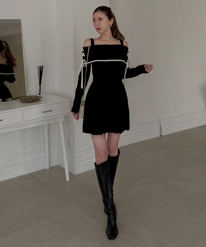 オフショル配色プリーツニットミニワンピース 詳細画像 ブラック 3