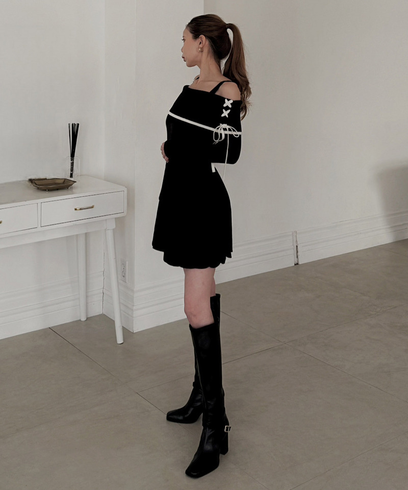 オフショル配色プリーツニットミニワンピース 詳細画像 ブラック 4