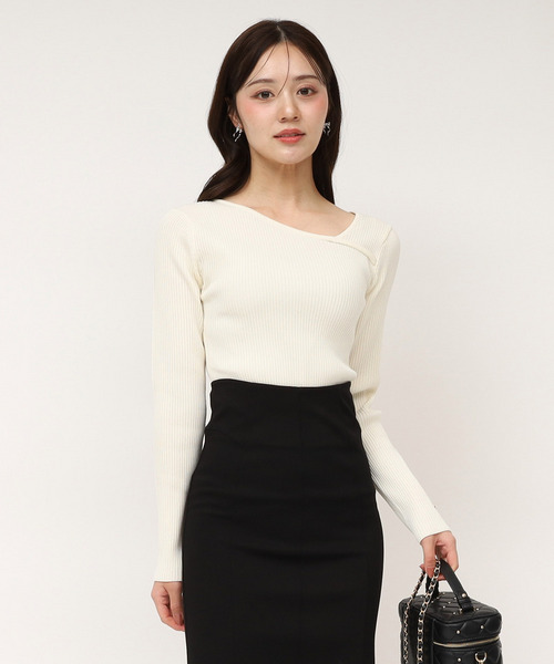 ウォッシャブルアシメネック長袖ニットトップス 詳細画像