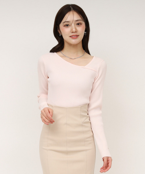 ウォッシャブルアシメネック長袖ニットトップス 詳細画像
