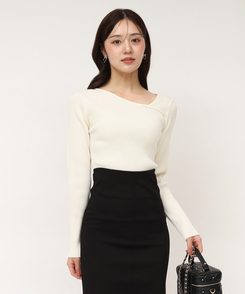 ウォッシャブルアシメネック長袖ニットトップス 詳細画像 オフホワイト 1