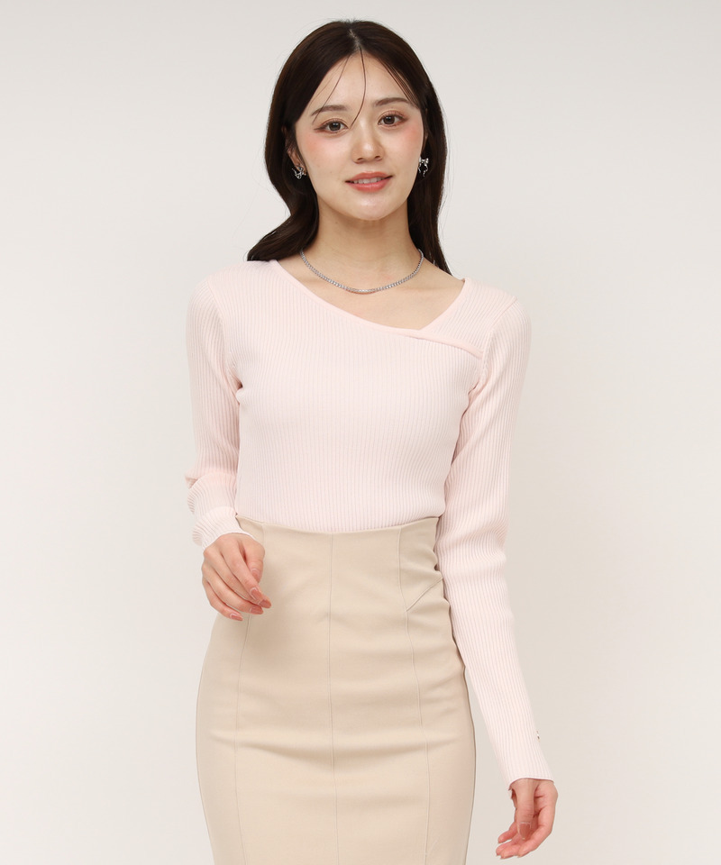 ウォッシャブルアシメネック長袖ニットトップス 詳細画像 ピンク 1