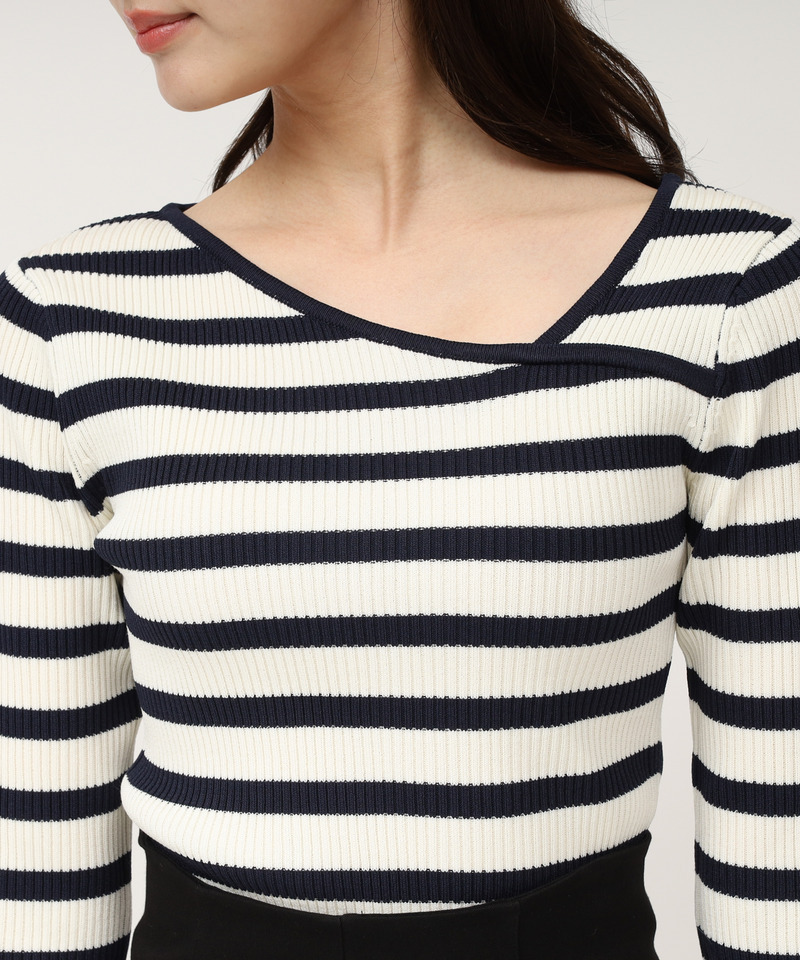 ウォッシャブルアシメネック長袖ニットトップス 詳細画像 ボーダー 4
