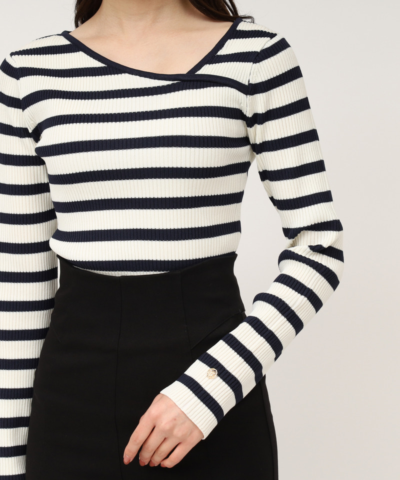 ウォッシャブルアシメネック長袖ニットトップス 詳細画像 ボーダー 5
