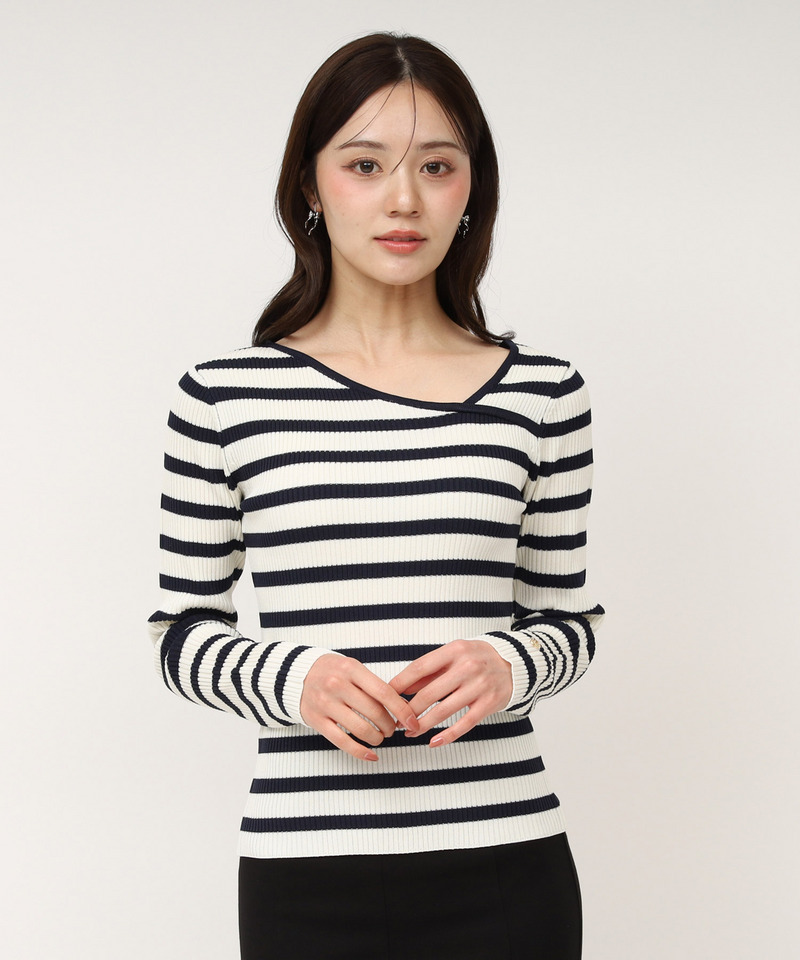 ウォッシャブルアシメネック長袖ニットトップス 詳細画像 ボーダー 8