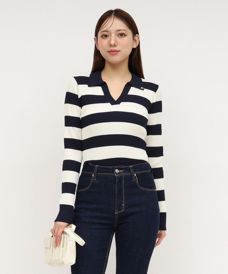 ウォッシャブルスキッパー長袖ニットトップス 詳細画像 ボーダー 1