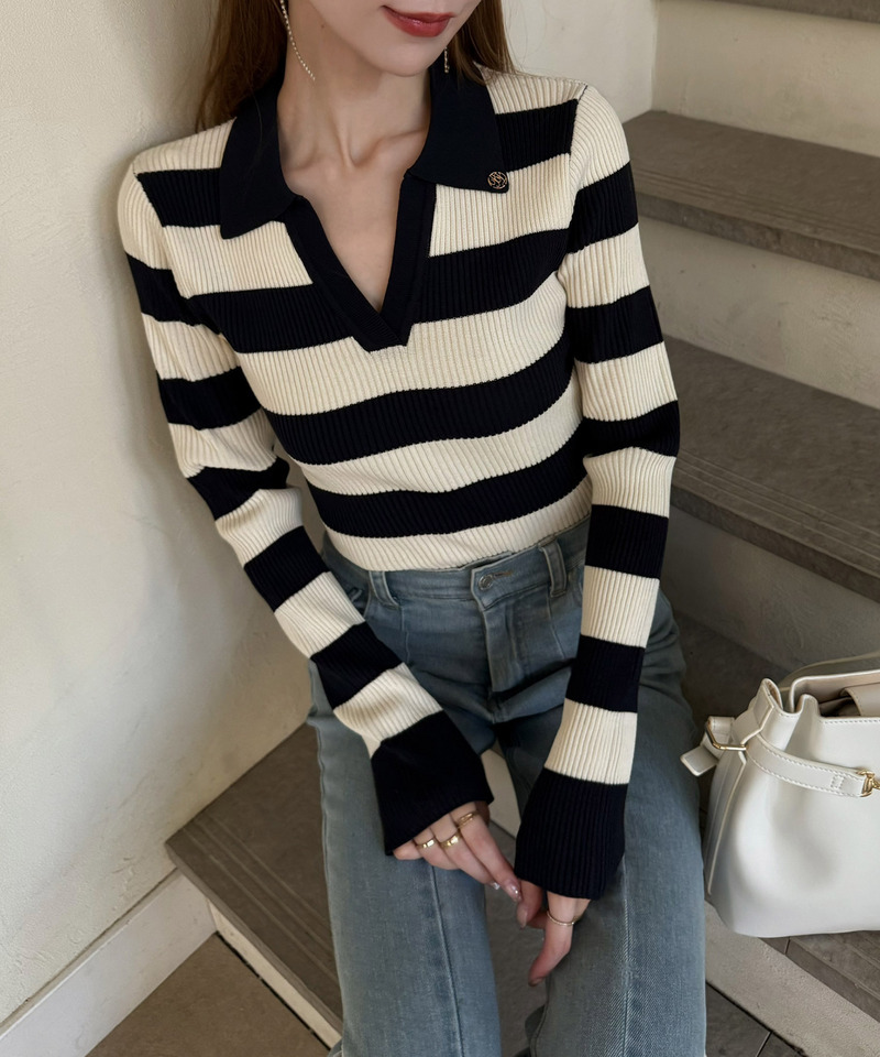 ウォッシャブルスキッパー長袖ニットトップス 詳細画像 ボーダー 10