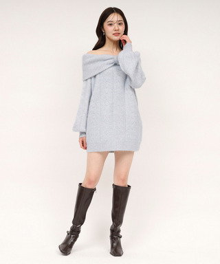 ビッグリボンオフショルニットミニワンピース