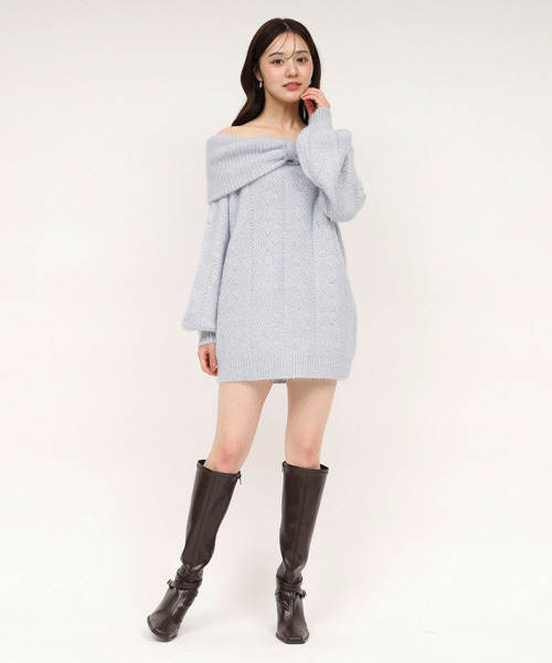 ビッグリボンオフショルニットミニワンピース 詳細画像