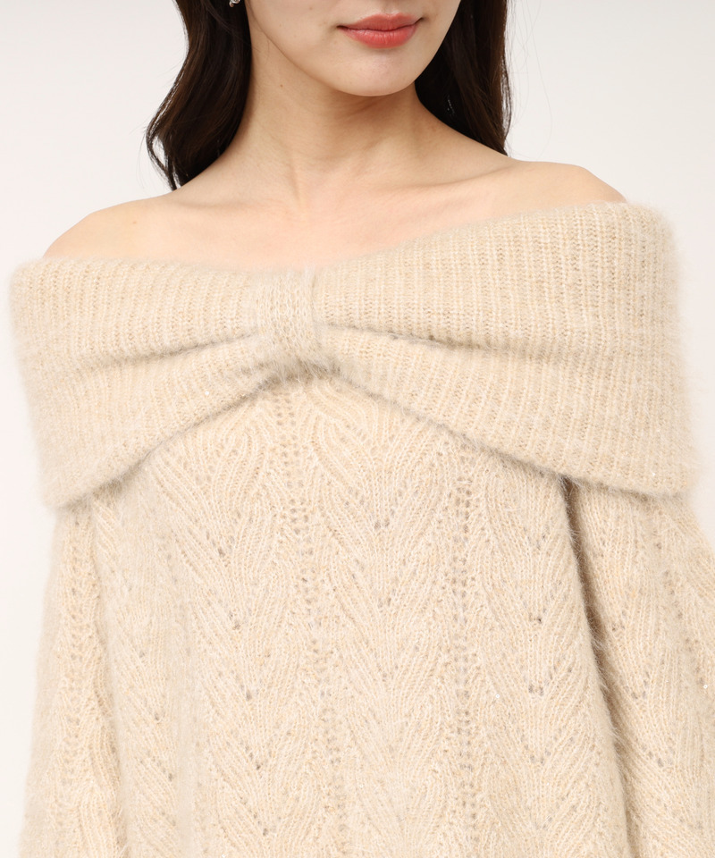 ビッグリボンオフショルニットミニワンピース 詳細画像 ベージュ 4