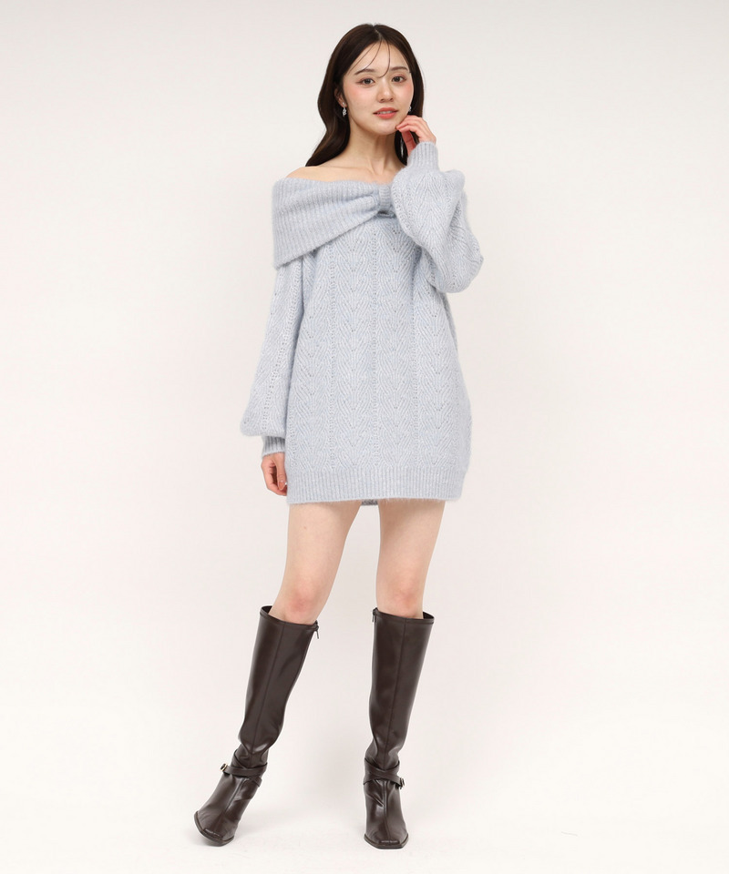 ビッグリボンオフショルニットミニワンピース 詳細画像 ブルー 1