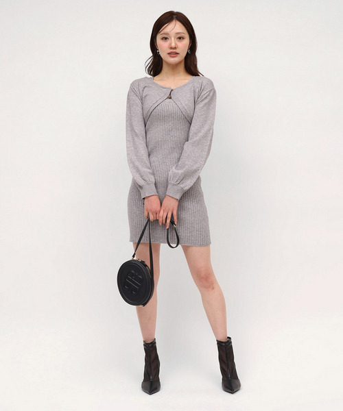 デコルテオープンレイヤードニットタイトミニワンピース 詳細画像