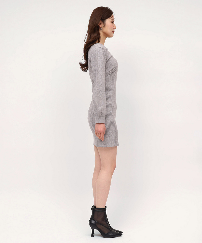 デコルテオープンレイヤードニットタイトミニワンピース 詳細画像 グレー 2
