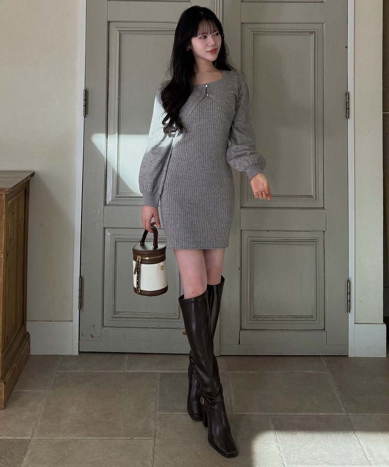 デコルテオープンレイヤードニットタイトミニワンピース 詳細画像 グレー 9