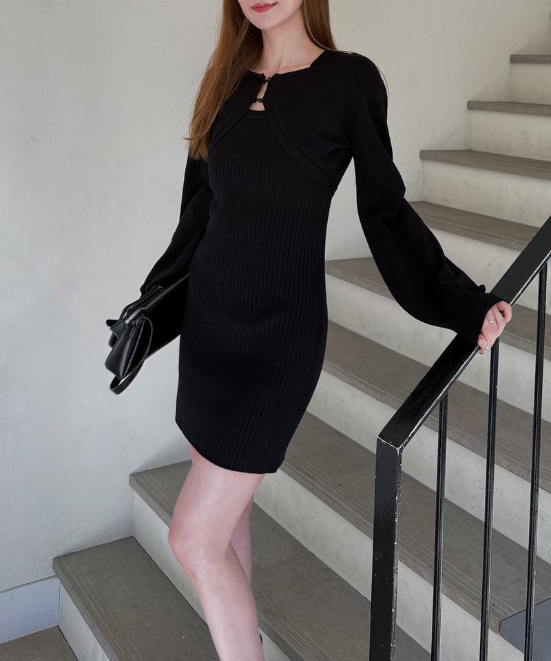 デコルテオープンレイヤードニットタイトミニワンピース 詳細画像 ブラック 3