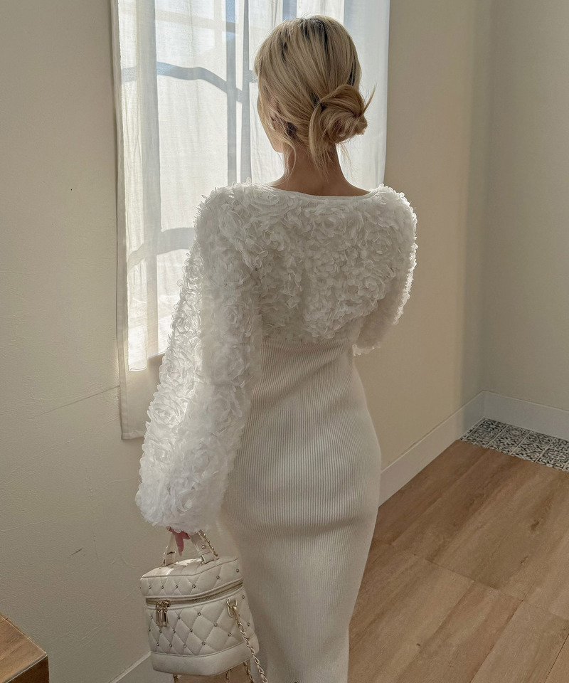 3Dフラワーチュールドッキングニットタイトワンピース 詳細画像 オフホワイト 11