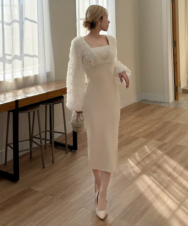 3Dフラワーチュールドッキングニットタイトワンピース 詳細画像 オフホワイト 9