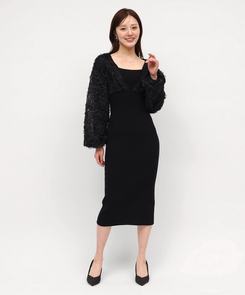 3Dフラワーチュールドッキングニットタイトワンピース 詳細画像 ブラック 1
