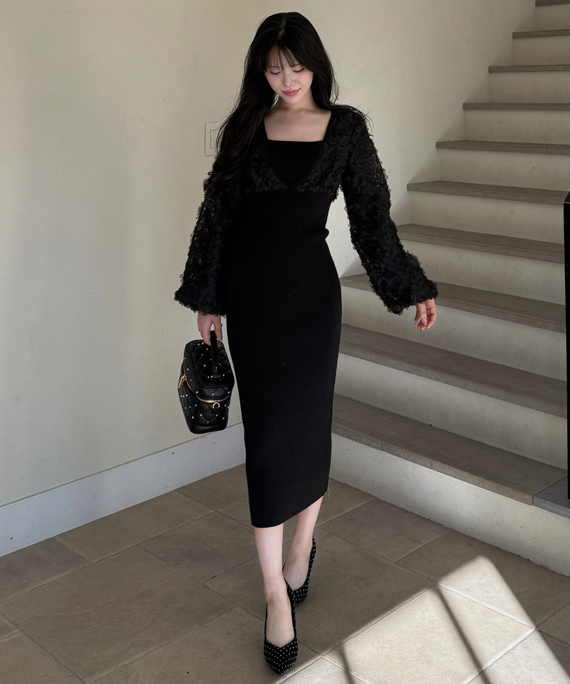3Dフラワーチュールドッキングニットタイトワンピース 詳細画像 ブラック 2