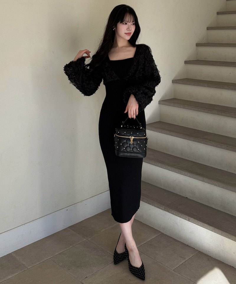 3Dフラワーチュールドッキングニットタイトワンピース 詳細画像 ブラック 3