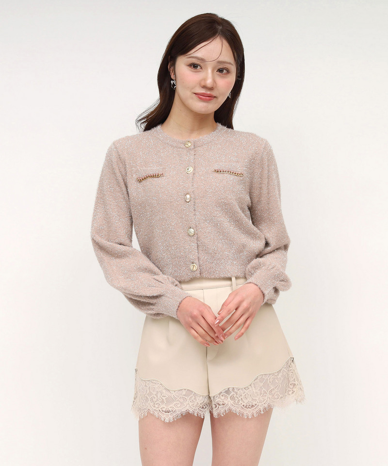 チェーントリミングマルチ釦ラメシャギーカーディガン 詳細画像 ピンク 1