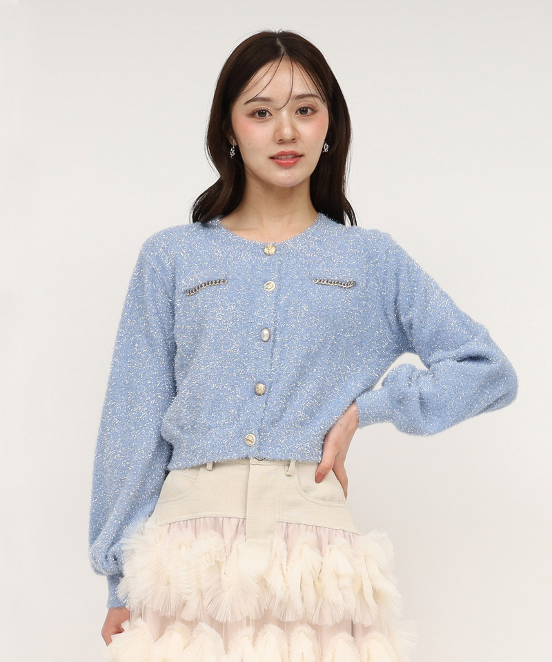チェーントリミングマルチ釦ラメシャギーカーディガン 詳細画像 ブルー 1