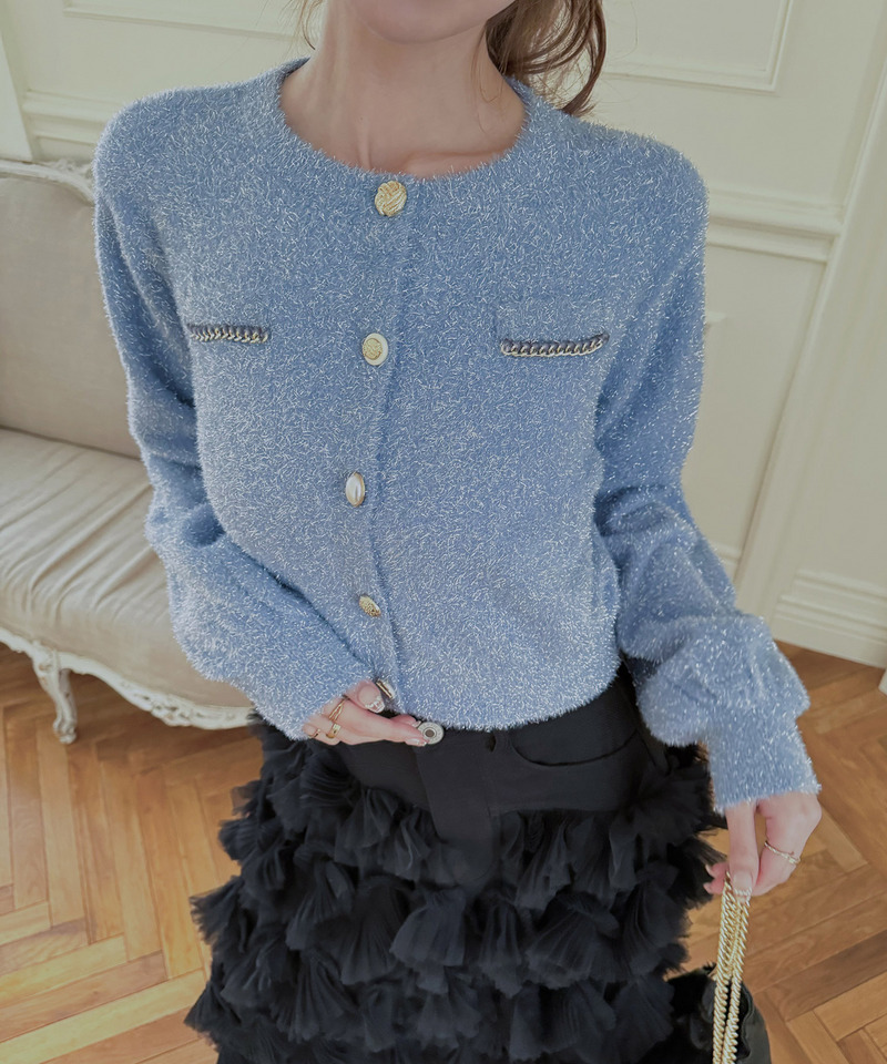 チェーントリミングマルチ釦ラメシャギーカーディガン 詳細画像 ブルー 11