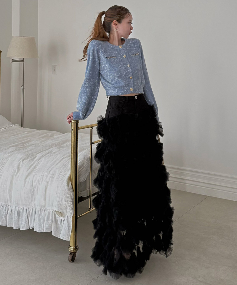 チェーントリミングマルチ釦ラメシャギーカーディガン 詳細画像 ブルー 14