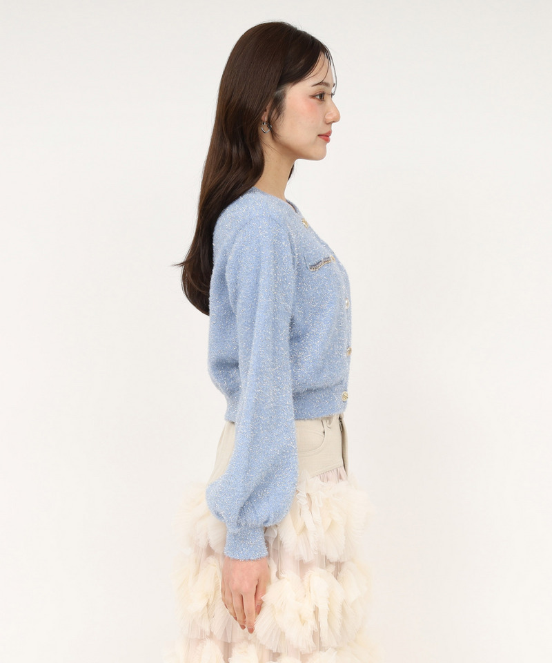 チェーントリミングマルチ釦ラメシャギーカーディガン 詳細画像 ブルー 2
