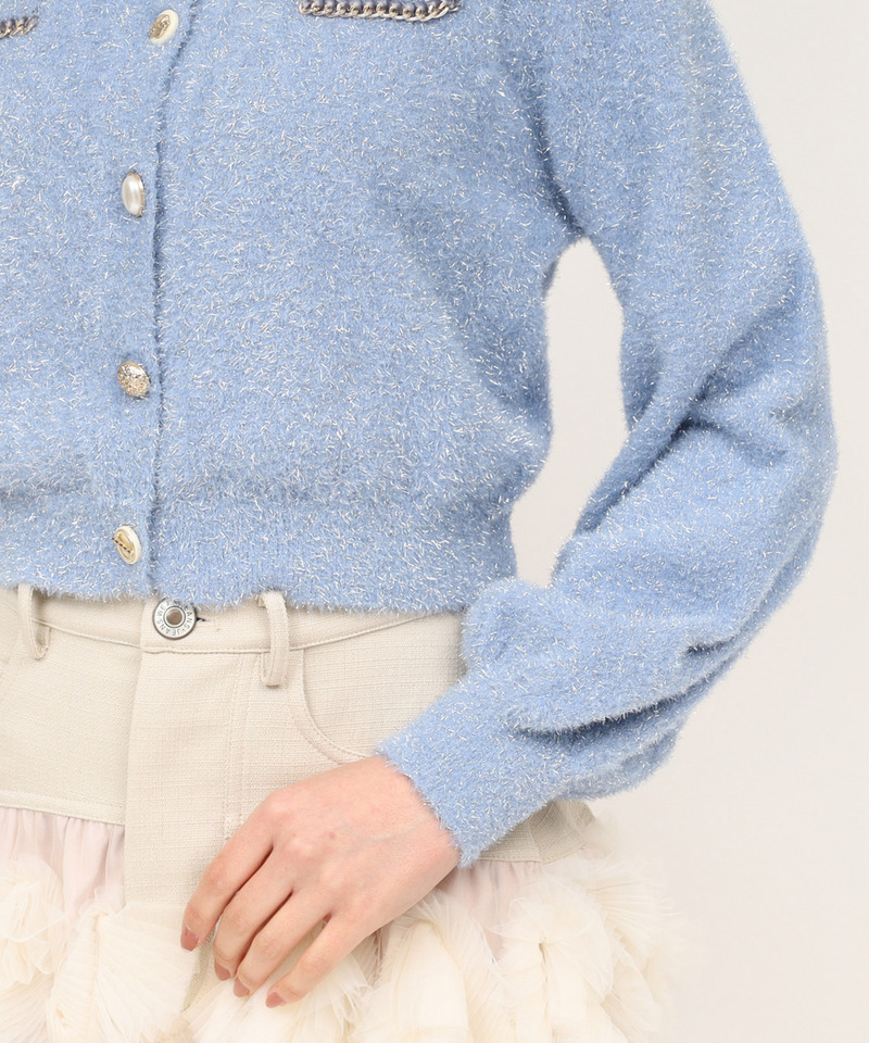 チェーントリミングマルチ釦ラメシャギーカーディガン 詳細画像 ブルー 5
