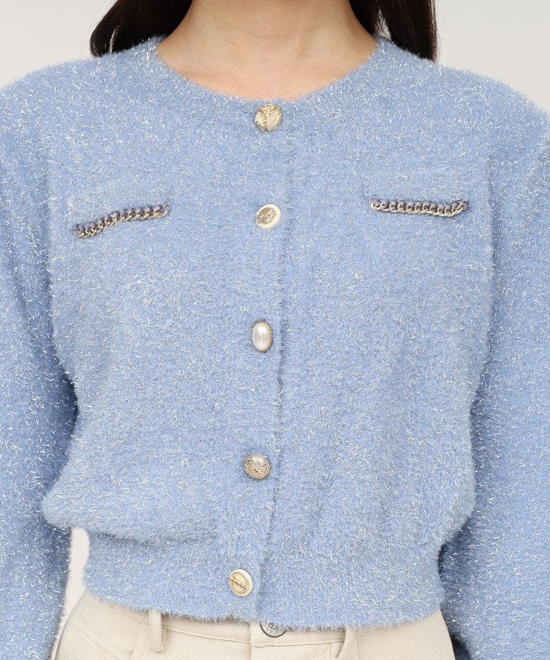 チェーントリミングマルチ釦ラメシャギーカーディガン 詳細画像 ブルー 7