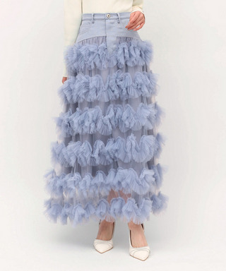 ツイード切替フリルチュールフレアスカート